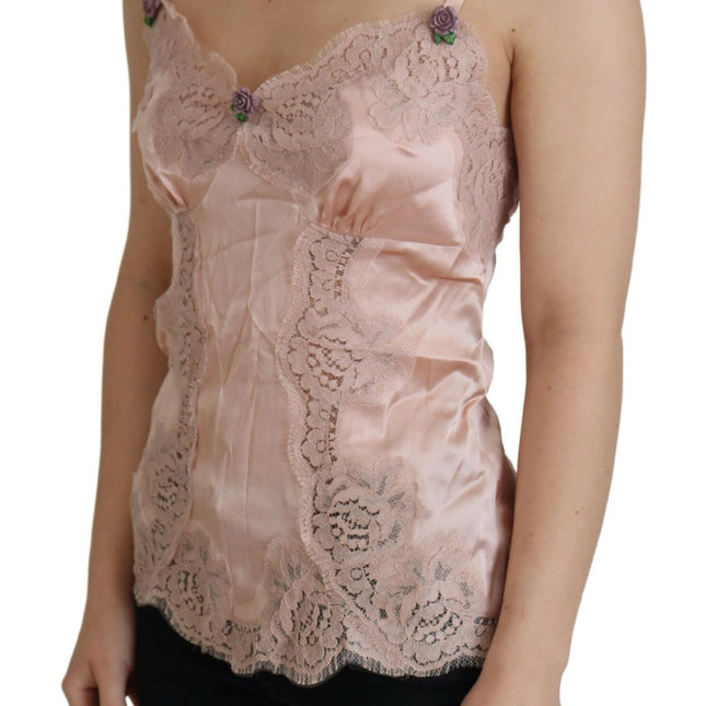 Dolce & Gabbana Pink Satin Lace Roses Tank Top Lingerie