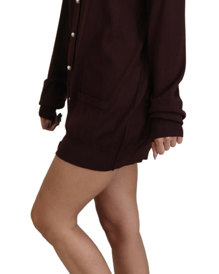 Dolce & Gabbana Maroon Wool Knit Deep V-neck Cardigan Sweater