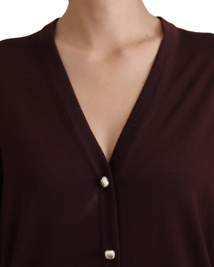 Dolce & Gabbana Maroon Wool Knit Deep V-neck Cardigan Sweater