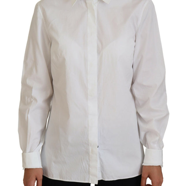 Dolce & Gabbana White Cotton Collared Long Sleeves Formal Top
