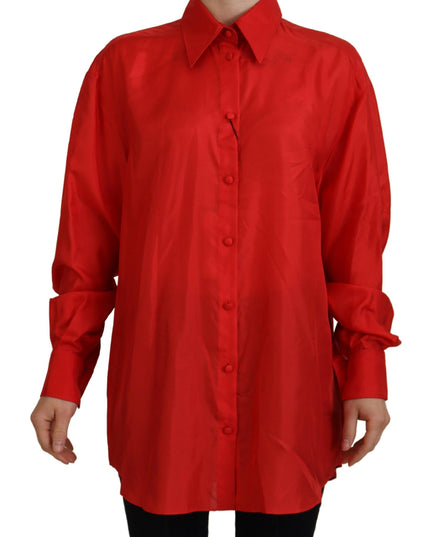 Dolce & Gabbana Red Silk Collared Long Sleeves Dress Shirt Top