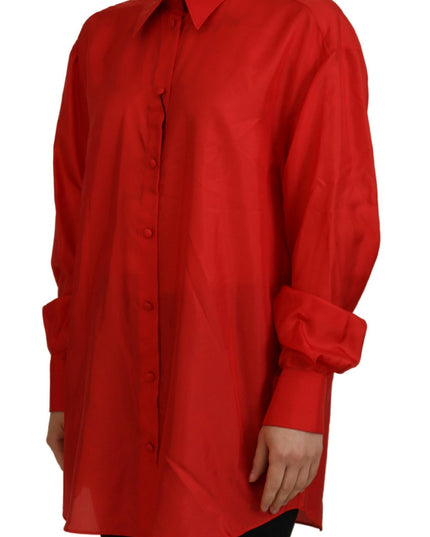 Dolce & Gabbana Red Silk Collared Long Sleeves Dress Shirt Top