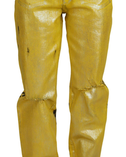 Dolce & Gabbana Yellow Leopard Cotton Straight Denim Jeans