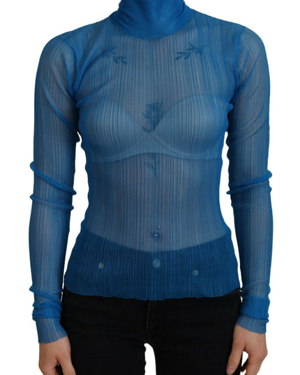 Dolce & Gabbana Blue Mesh Turtleneck Long Sleeve Blouse Top