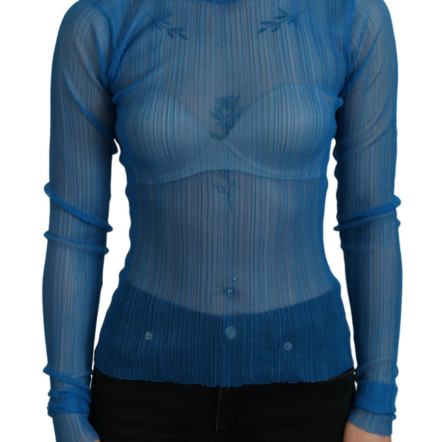 Dolce & Gabbana Blue Mesh Turtleneck Long Sleeve Blouse Top