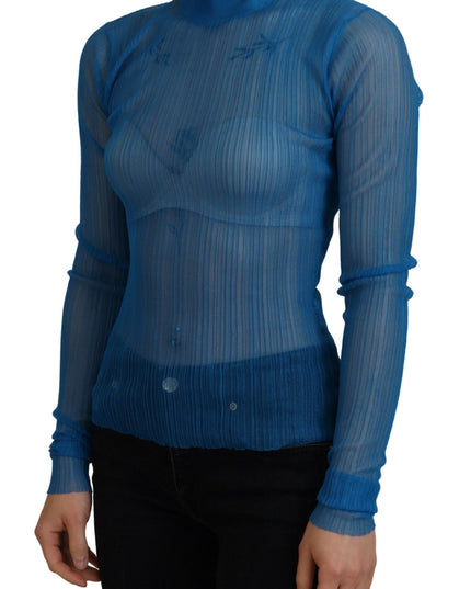 Dolce & Gabbana Blue Mesh Turtleneck Long Sleeve Blouse Top