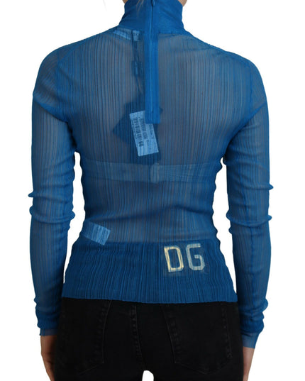 Dolce & Gabbana Blue Mesh Turtleneck Long Sleeve Blouse Top