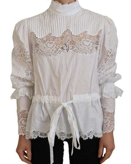 Dolce & Gabbana White Cotton Lace Trim Turtle Neck Blouse Top