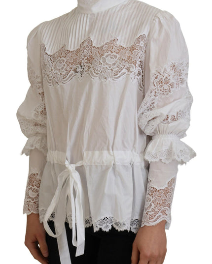 Dolce & Gabbana White Cotton Lace Trim Turtle Neck Blouse Top
