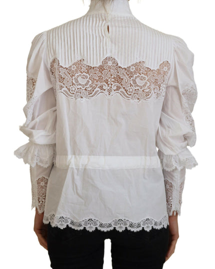 Dolce & Gabbana White Cotton Lace Trim Turtle Neck Blouse Top