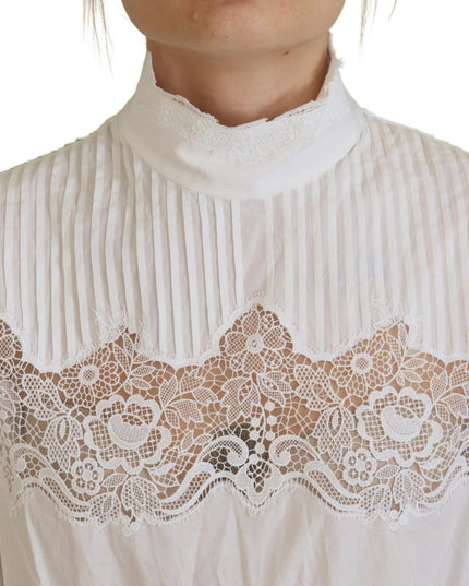 Dolce & Gabbana White Cotton Lace Trim Turtle Neck Blouse Top