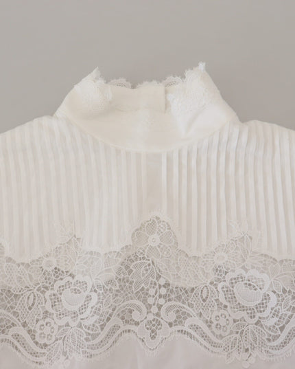 Dolce & Gabbana White Cotton Lace Trim Turtle Neck Blouse Top