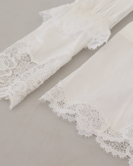 Dolce & Gabbana White Cotton Lace Trim Turtle Neck Blouse Top