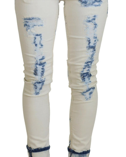 Acht White Blue Cotton Skinny Women Tattered Denim Jeans