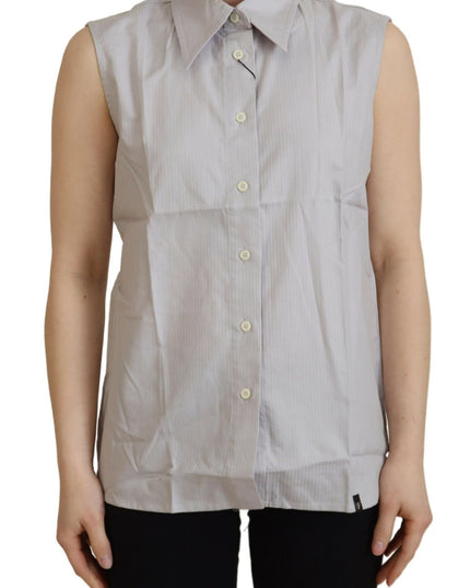 Ferre Light Gray Stripes Cotton Sleeveless Collared Top