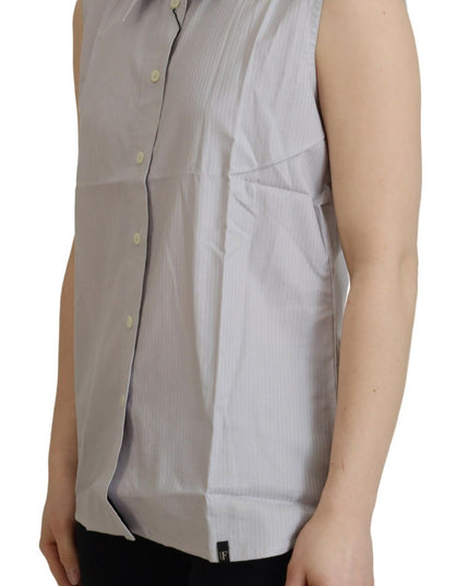 Ferre Light Gray Stripes Cotton Sleeveless Collared Top