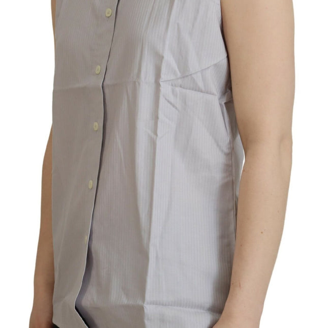 Ferre Light Gray Stripes Cotton Sleeveless Collared Top