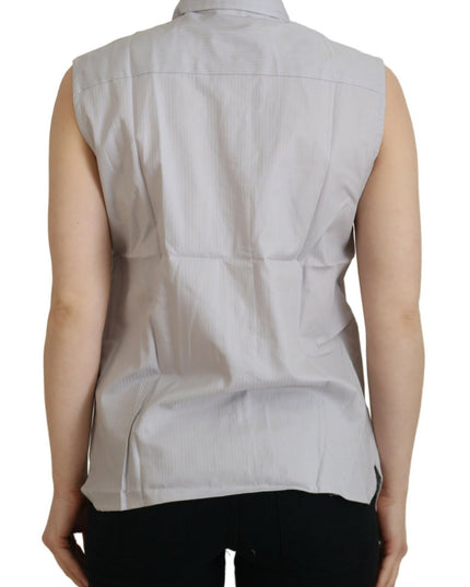 Ferre Light Gray Stripes Cotton Sleeveless Collared Top