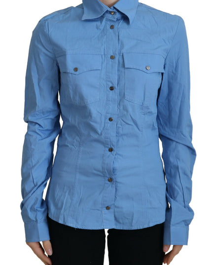 Ferre Blue Cotton Long Sleeves Collared Button Down Top