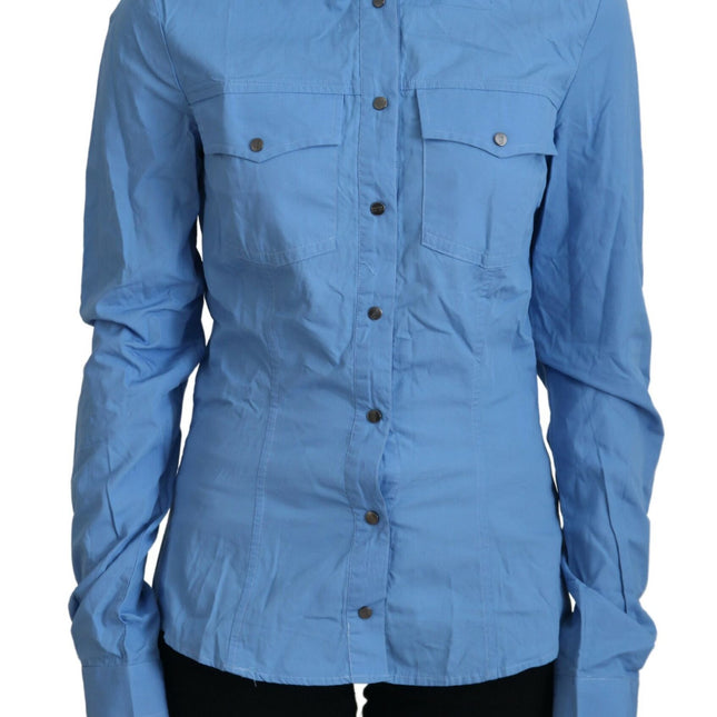Ferre Blue Cotton Long Sleeves Collared Button Down Top