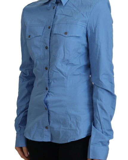 Ferre Blue Cotton Long Sleeves Collared Button Down Top