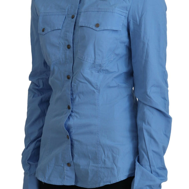 Ferre Blue Cotton Long Sleeves Collared Button Down Top