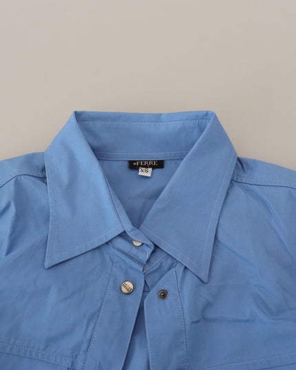 Ferre Blue Cotton Long Sleeves Collared Button Down Top
