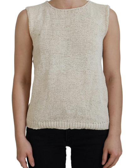 PINK MEMORIES Beige Cotton Blend Sleeveless Round Neck Tank Top