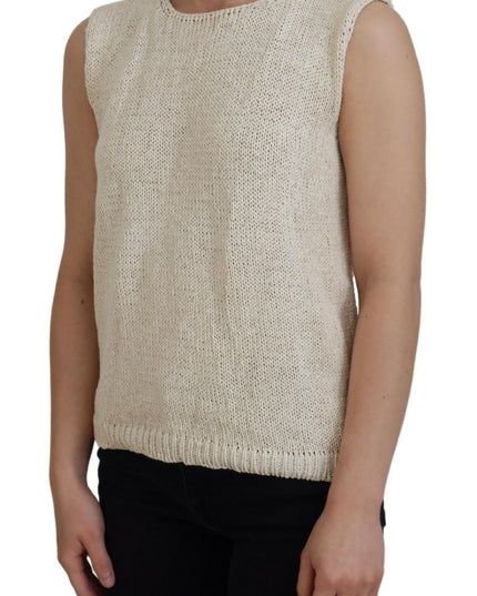 PINK MEMORIES Beige Cotton Blend Sleeveless Round Neck Tank Top