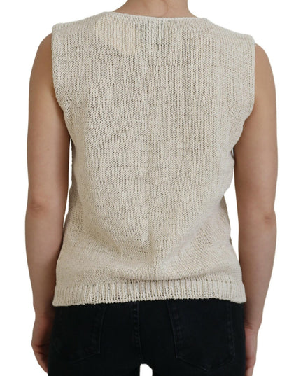 PINK MEMORIES Beige Cotton Blend Sleeveless Round Neck Tank Top