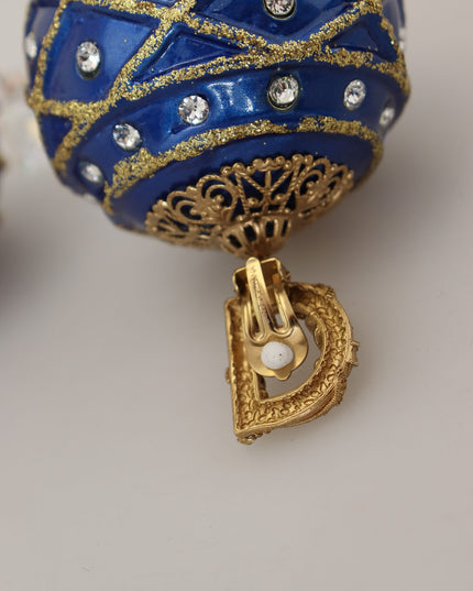 Dolce & Gabbana Gold Brass Blue Dangle Ball Crystal Clip On Earrings
