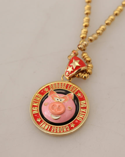 Dolce & Gabbana Gold Brass Chain SUPER PIG Pendant Logo Necklace