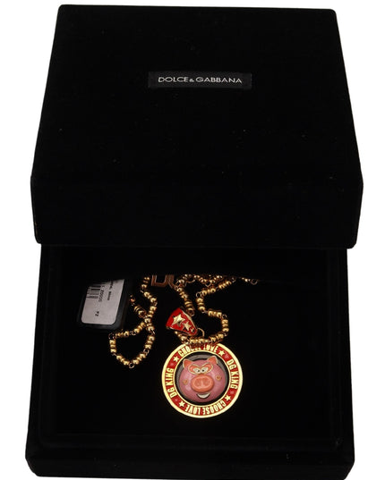 Dolce & Gabbana Gold Brass Chain SUPER PIG Pendant Logo Necklace