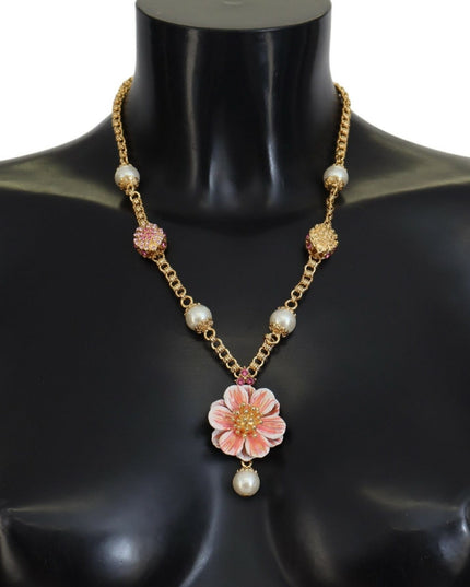 Dolce & Gabbana Gold Tone Floral Crystals Pink Embellished Necklace