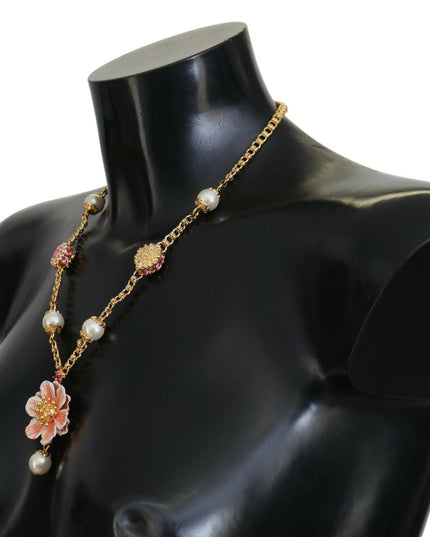 Dolce & Gabbana Gold Tone Floral Crystals Pink Embellished Necklace