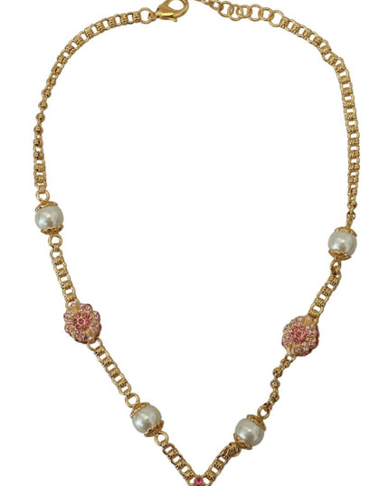 Dolce & Gabbana Gold Tone Floral Crystals Pink Embellished Necklace