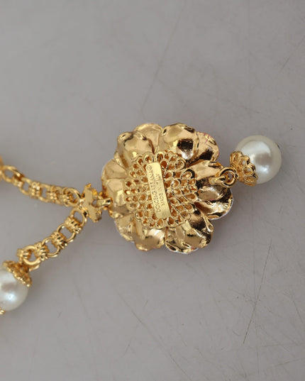 Dolce & Gabbana Gold Tone Floral Crystals Pink Embellished Necklace