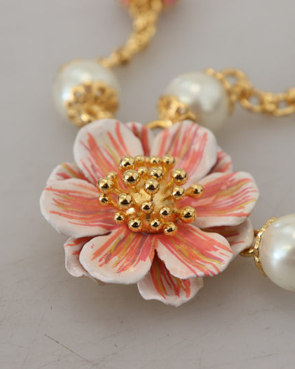 Dolce & Gabbana Gold Tone Floral Crystals Pink Embellished Necklace