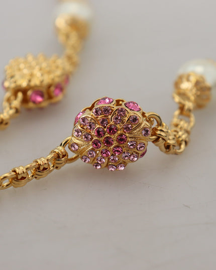 Dolce & Gabbana Gold Tone Floral Crystals Pink Embellished Necklace