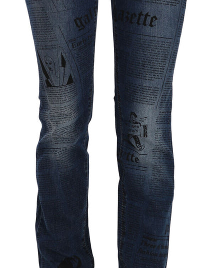 John Galliano Blue Newspaper Print Low Waist Skinny Denim Pants