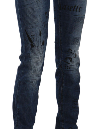 John Galliano Blue Newspaper Print Low Waist Skinny Denim Pants