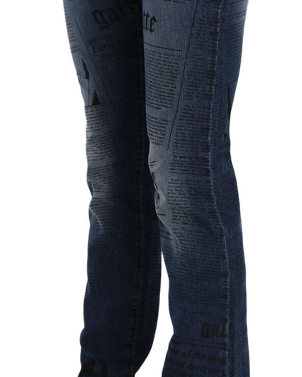 John Galliano Blue Newspaper Print Low Waist Skinny Denim Pants