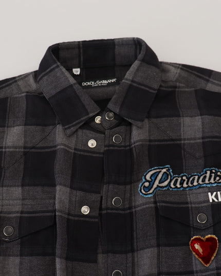 Dolce & Gabbana Black Gray Check Men Long Sleeves Shirt