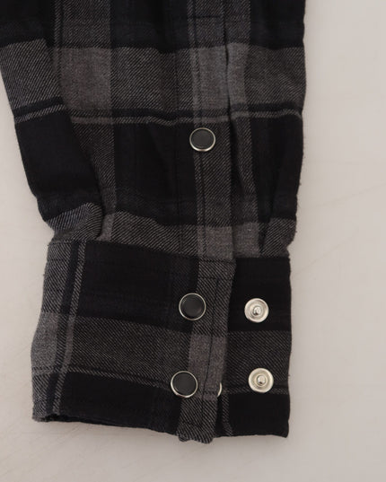 Dolce & Gabbana Black Gray Check Men Long Sleeves Shirt