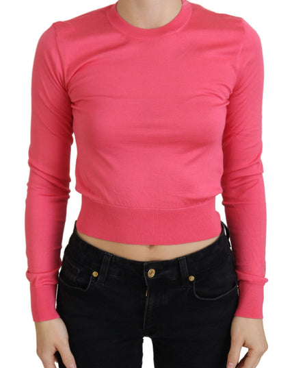 Dolce & Gabbana Pink Silk Cropped Crewneck Pullover Sweater