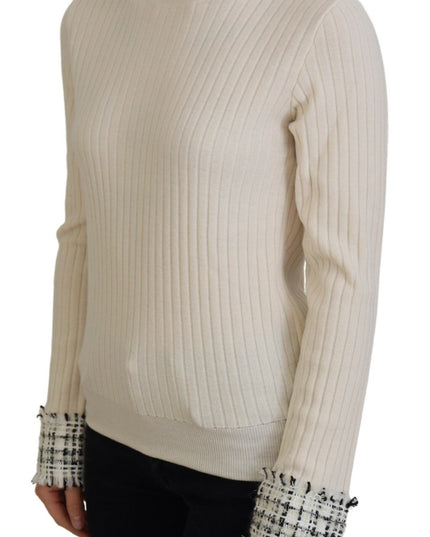 Dolce & Gabbana Ivory Turtleneck Distressed Cuff Pullover Sweater