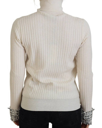 Dolce & Gabbana Ivory Turtleneck Distressed Cuff Pullover Sweater