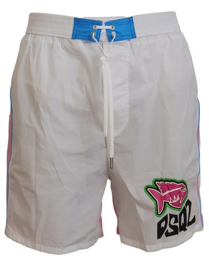 Dsquared² White Pink Logo Print Men Beachwear Shorts Swimwear