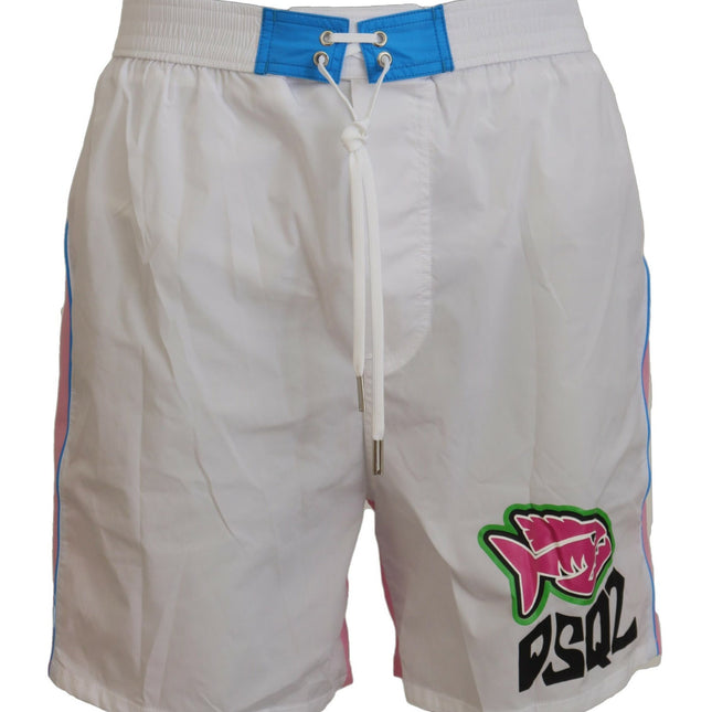 Dsquared² White Pink Logo Print Men Beachwear Shorts Swimwear