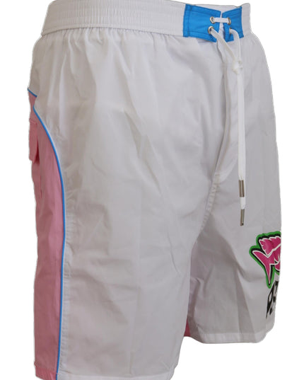 Dsquared² White Pink Logo Print Men Beachwear Shorts Swimwear